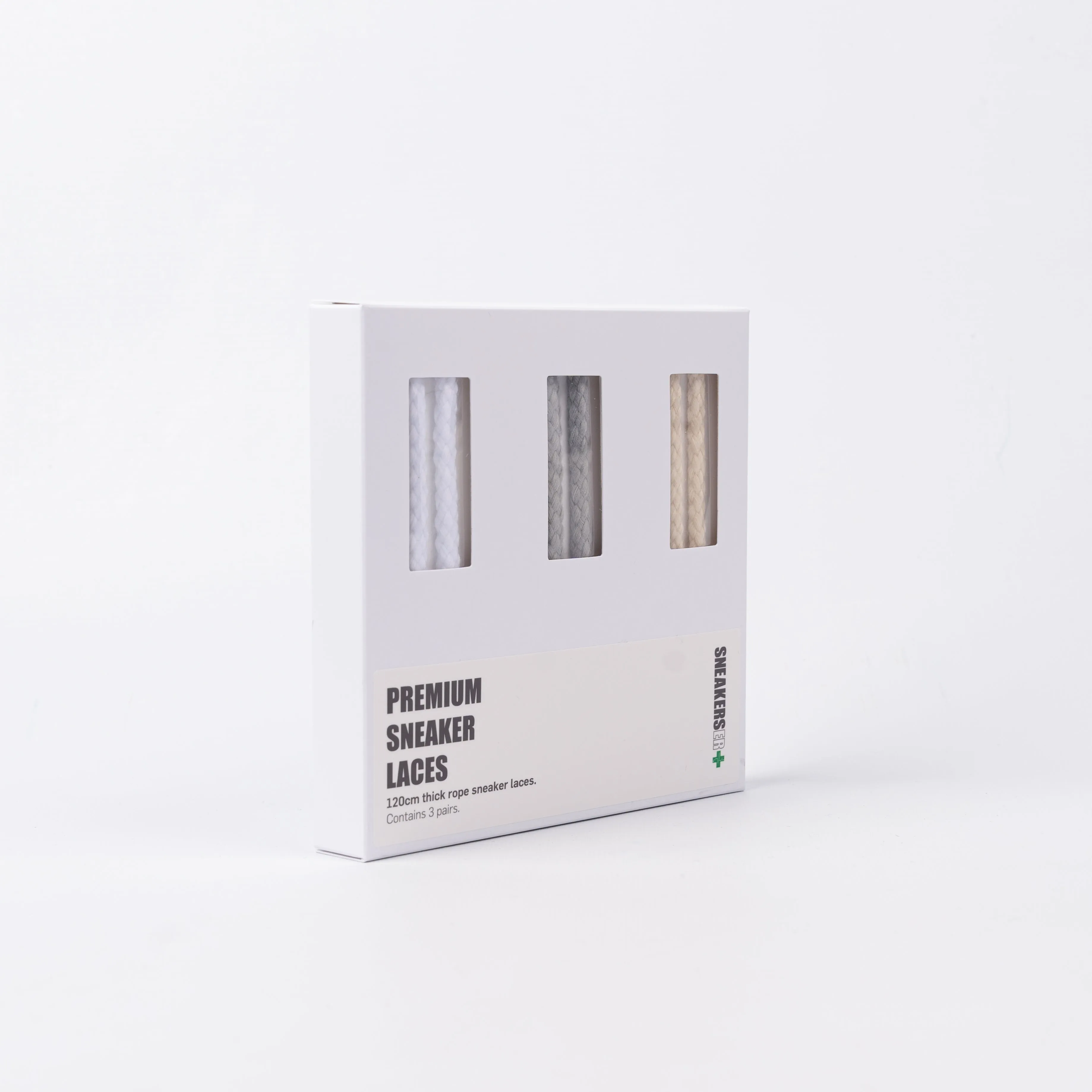 3 PACK GIFT BOX: THICK ROPE SNEAKER LACES (LOW'S) 120cm: WHITE, LIGHT GREY & NATURAL