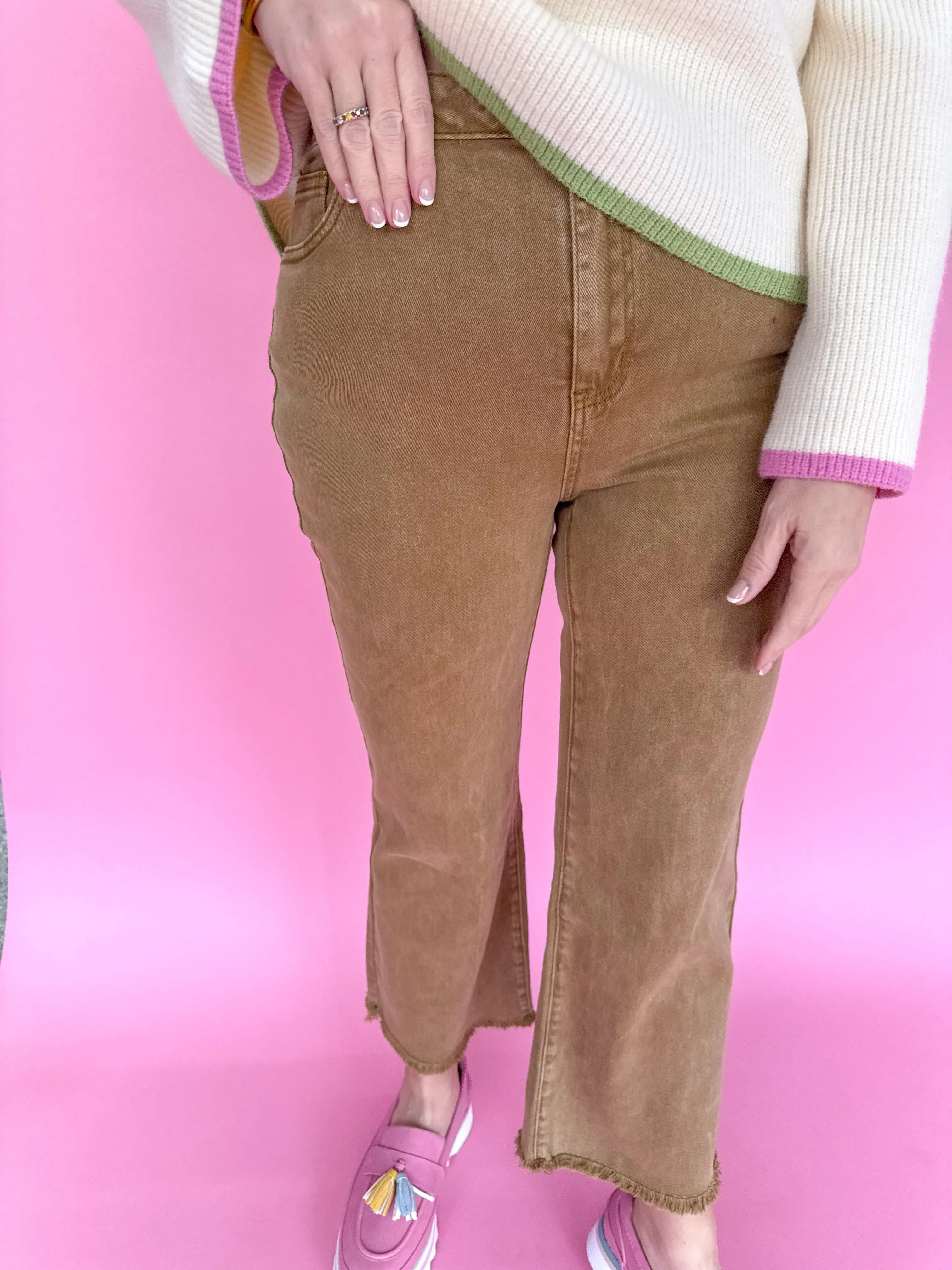 Acid Wash Crop Straight Pant - Deep Camel