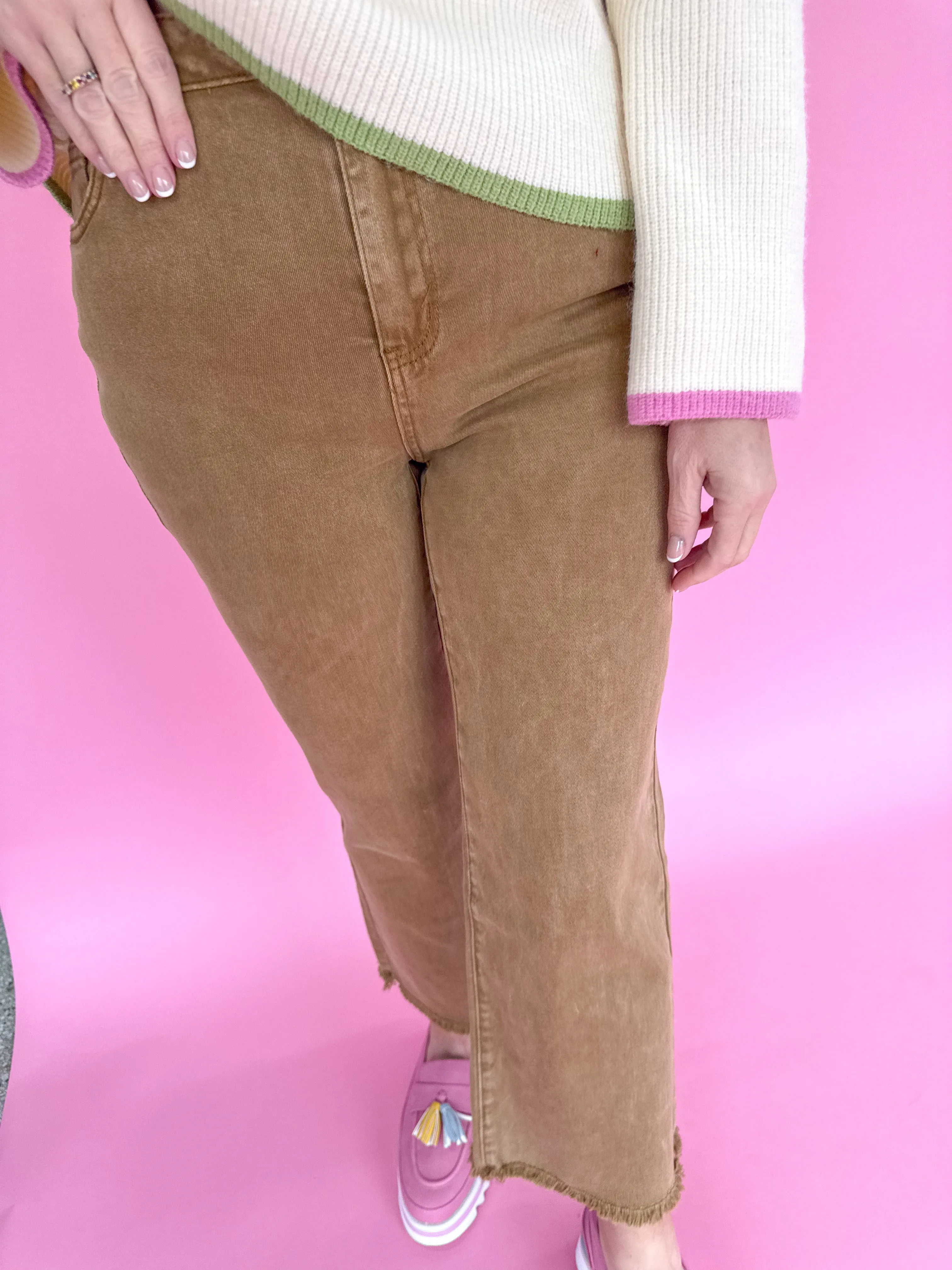 Acid Wash Crop Straight Pant - Deep Camel