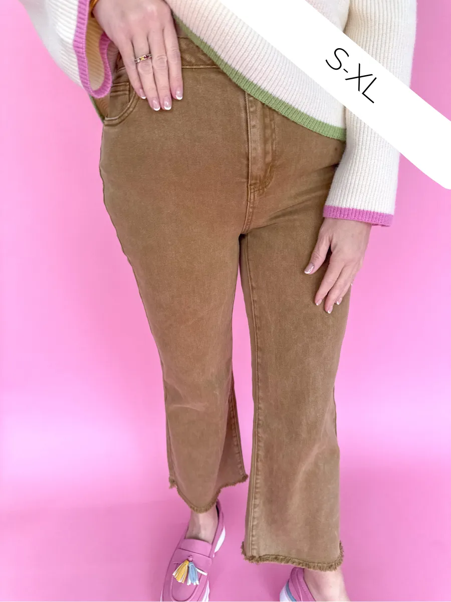 Acid Wash Crop Straight Pant - Deep Camel
