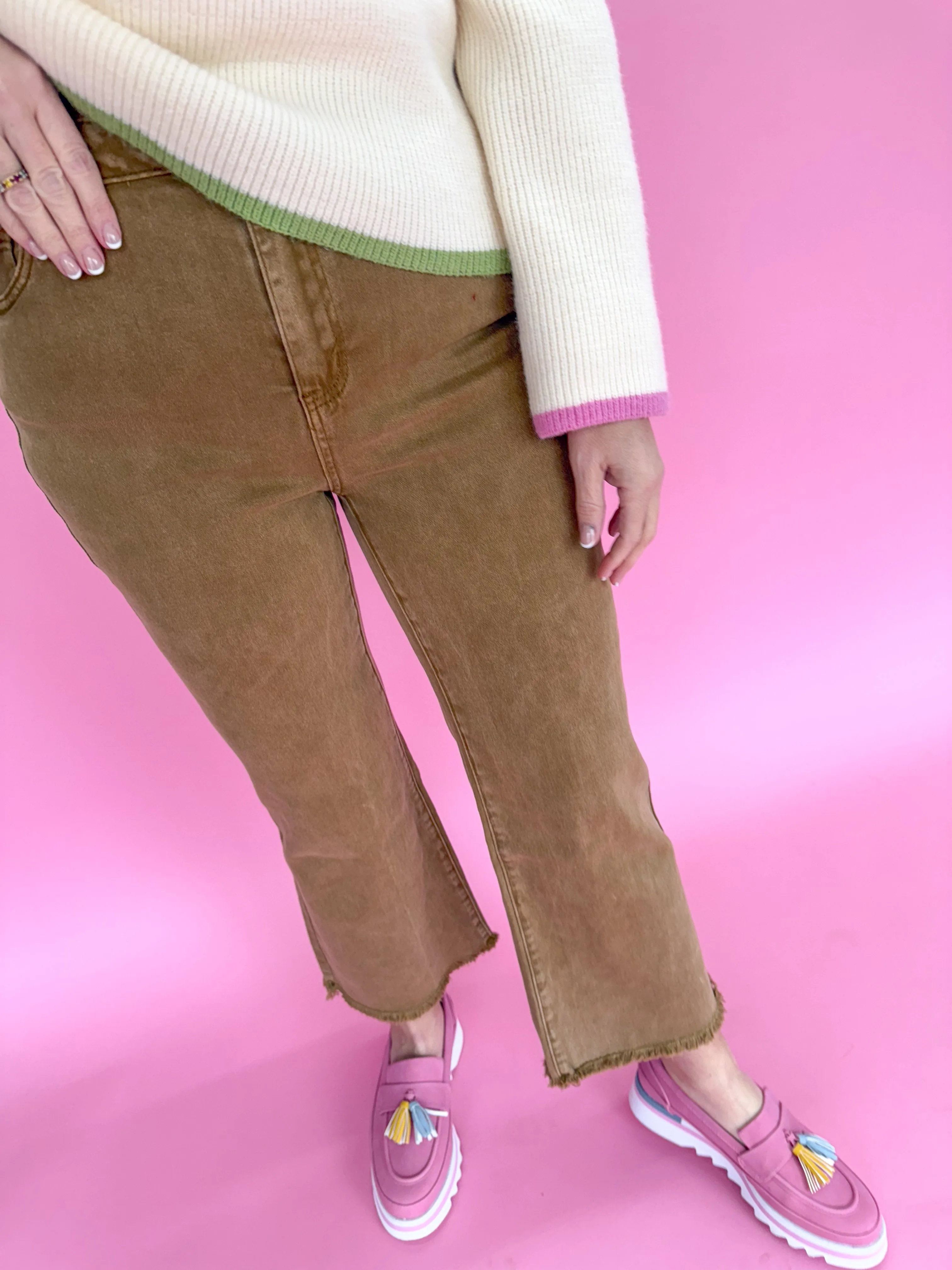 Acid Wash Crop Straight Pant - Deep Camel