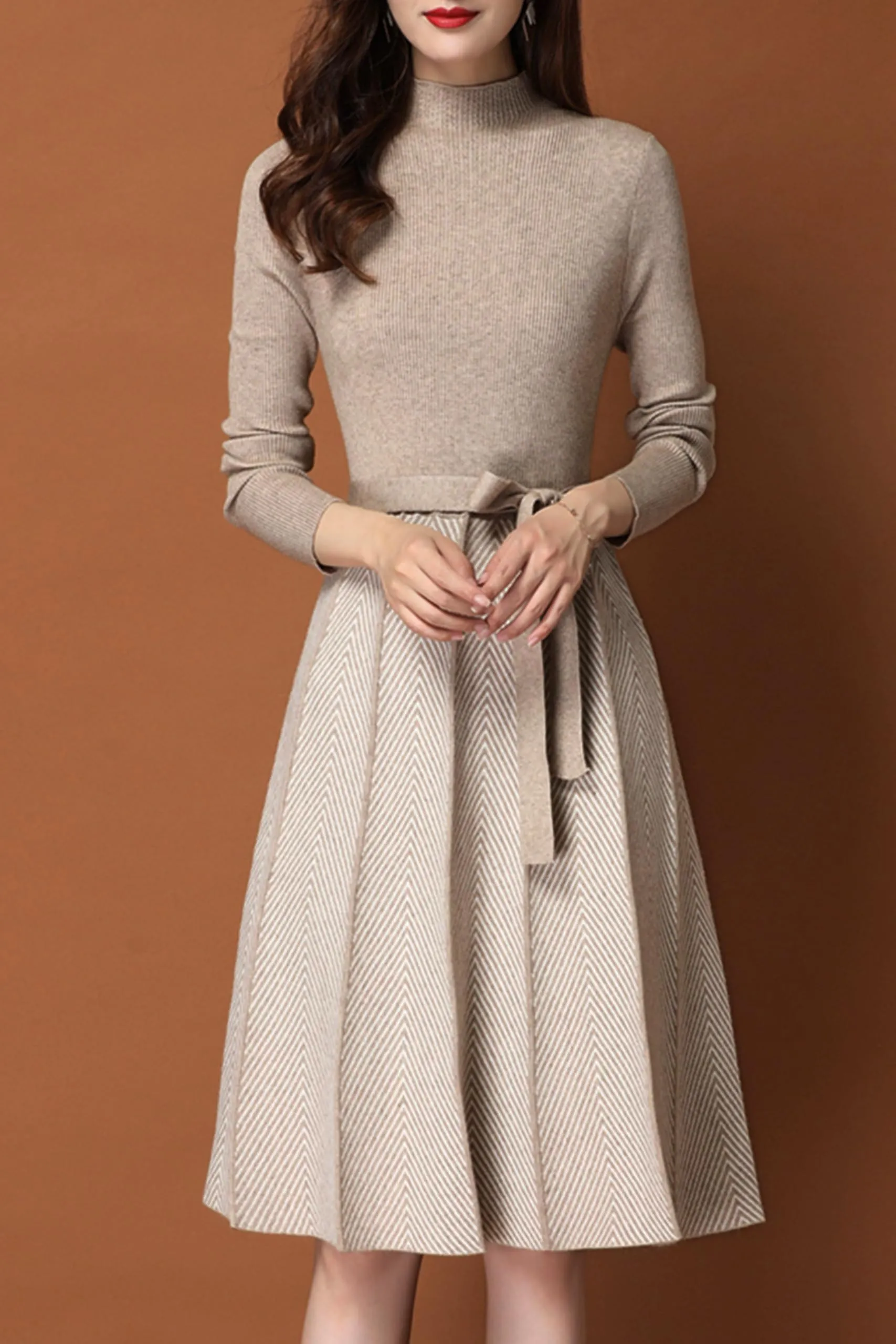 BK-Long Sleeve Sweater Stripes Pullover Midi Dress