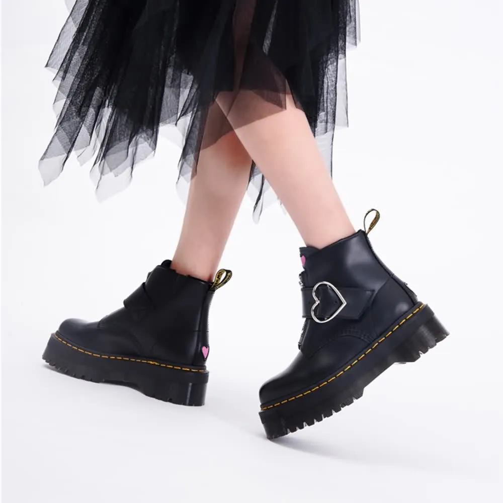Black Gothic Punk Heart Buckle Platform Ankle Boots