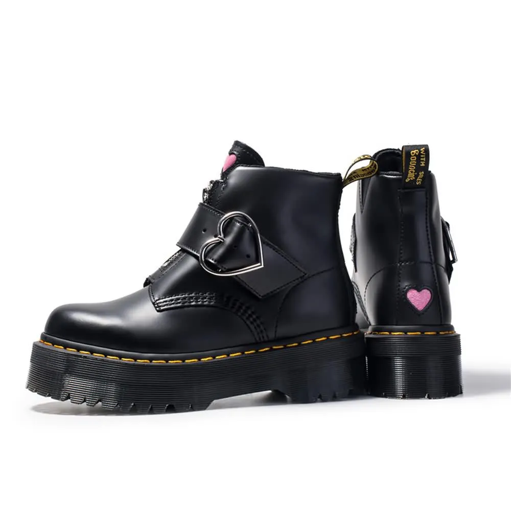Black Gothic Punk Heart Buckle Platform Ankle Boots