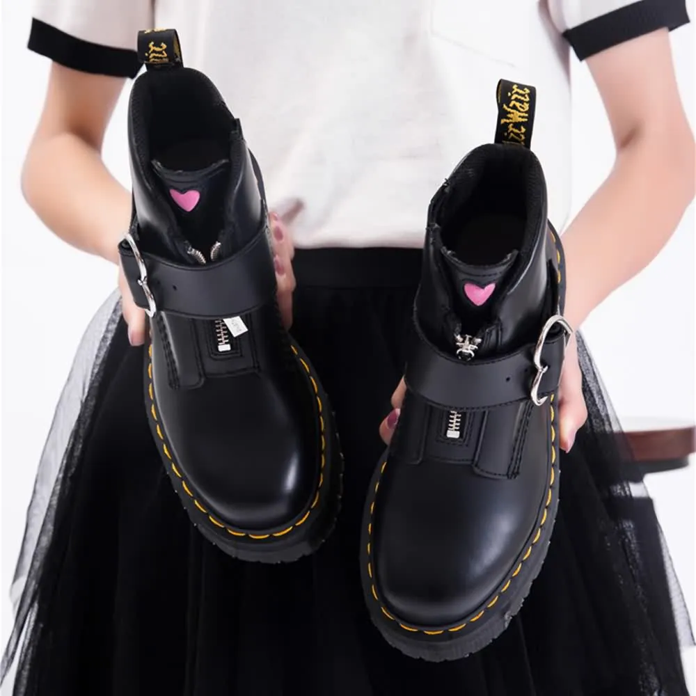Black Gothic Punk Heart Buckle Platform Ankle Boots