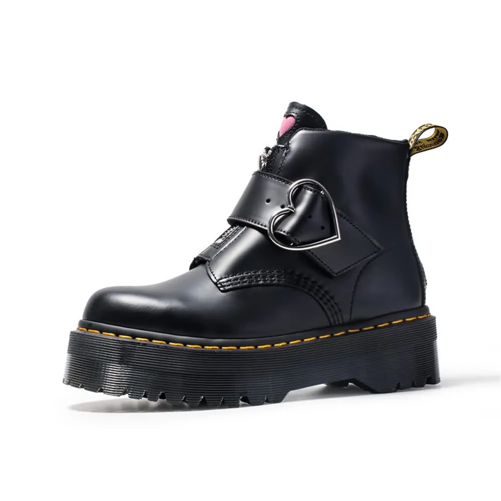 Black Gothic Punk Heart Buckle Platform Ankle Boots
