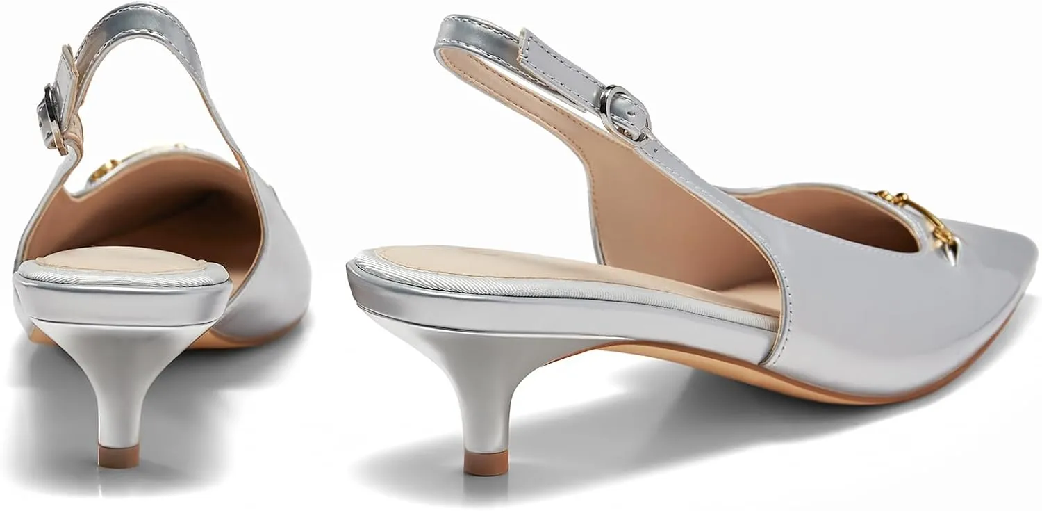 Coutgo Womens Slingback Kitten Heels Low Heel Dress Shoes Closed Pointed Toe Metal Chain Office Work Pumps