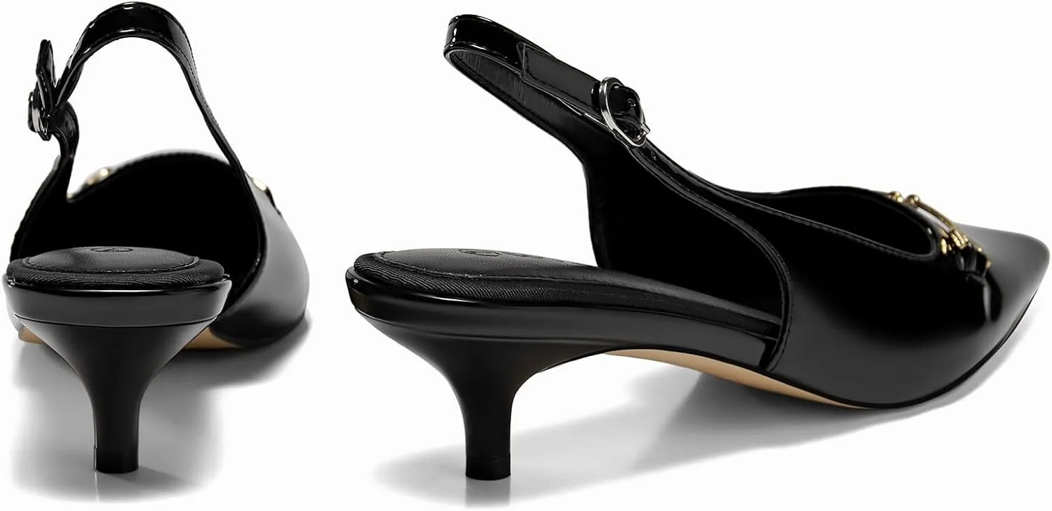 Coutgo Womens Slingback Kitten Heels Low Heel Dress Shoes Closed Pointed Toe Metal Chain Office Work Pumps