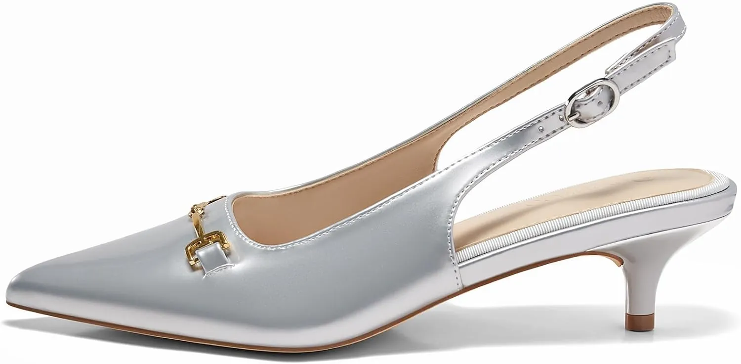 Coutgo Womens Slingback Kitten Heels Low Heel Dress Shoes Closed Pointed Toe Metal Chain Office Work Pumps