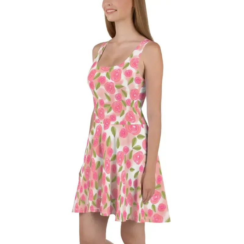 Flirty Pink Roses Skater Dress with Flared Skirt