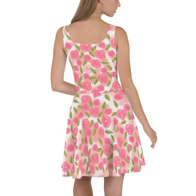 Flirty Pink Roses Skater Dress with Flared Skirt
