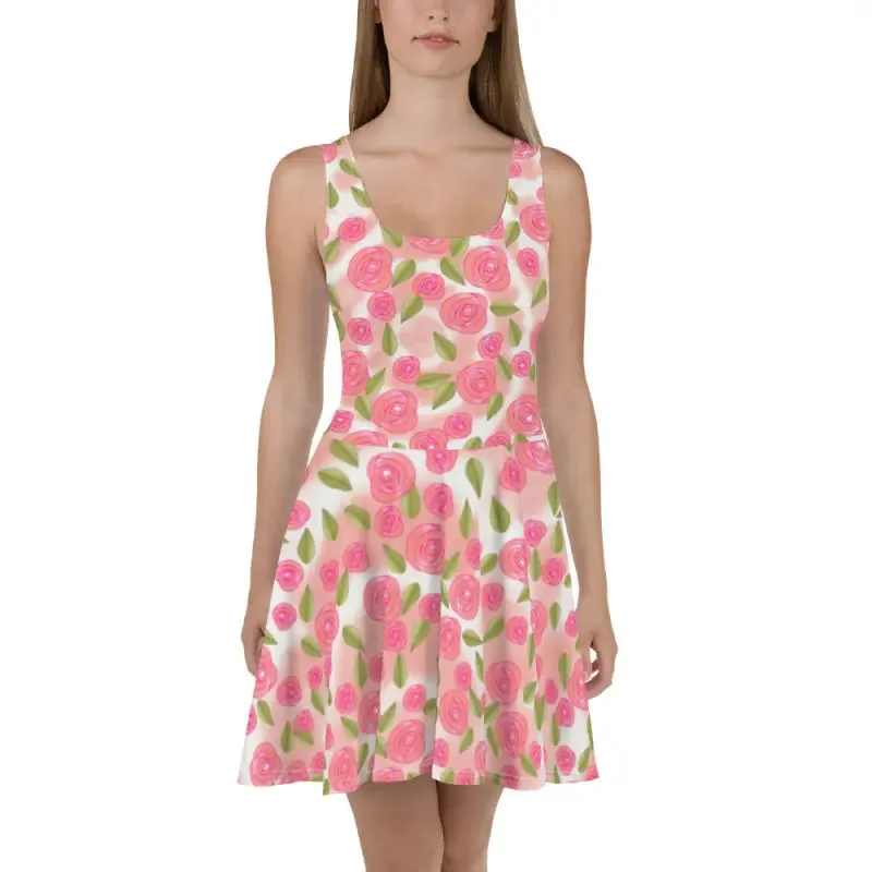 Flirty Pink Roses Skater Dress with Flared Skirt