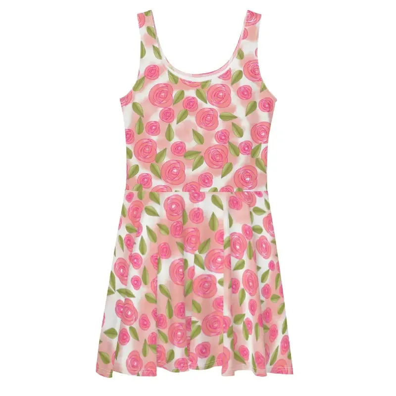 Flirty Pink Roses Skater Dress with Flared Skirt