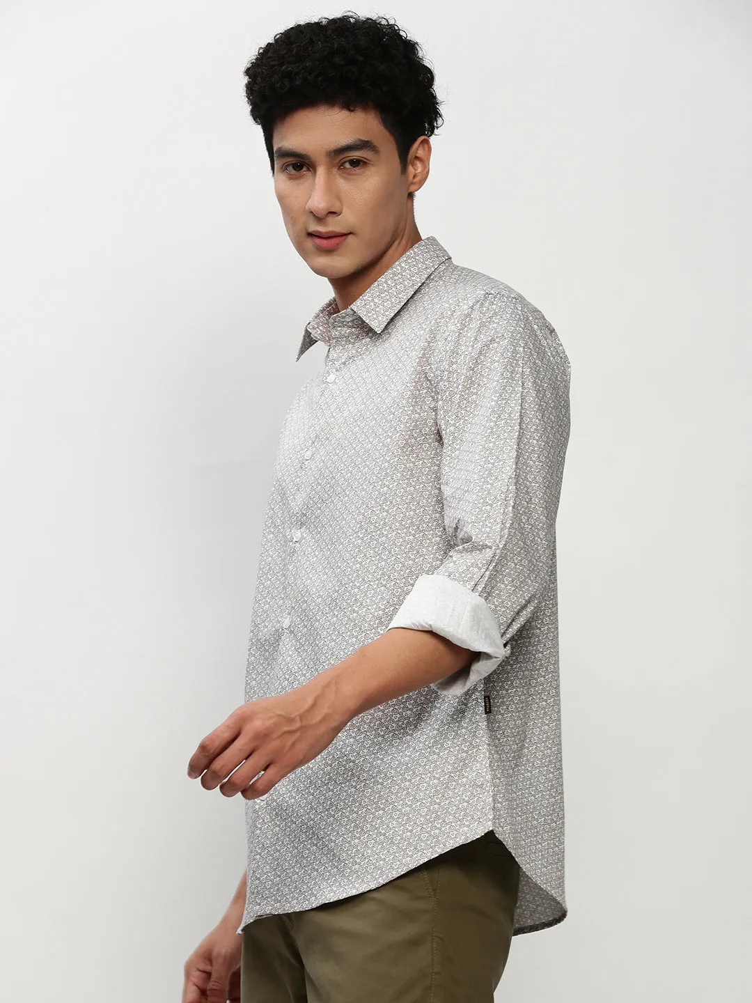 Men Off White Smart Slim Fit Micro Ditsy Printed Oxford Cotton Casual Shirt