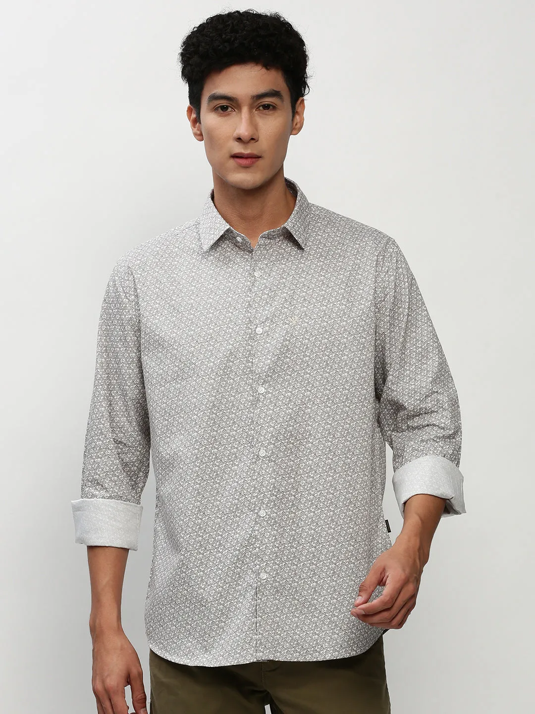 Men Off White Smart Slim Fit Micro Ditsy Printed Oxford Cotton Casual Shirt