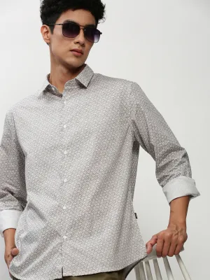 Men Off White Smart Slim Fit Micro Ditsy Printed Oxford Cotton Casual Shirt