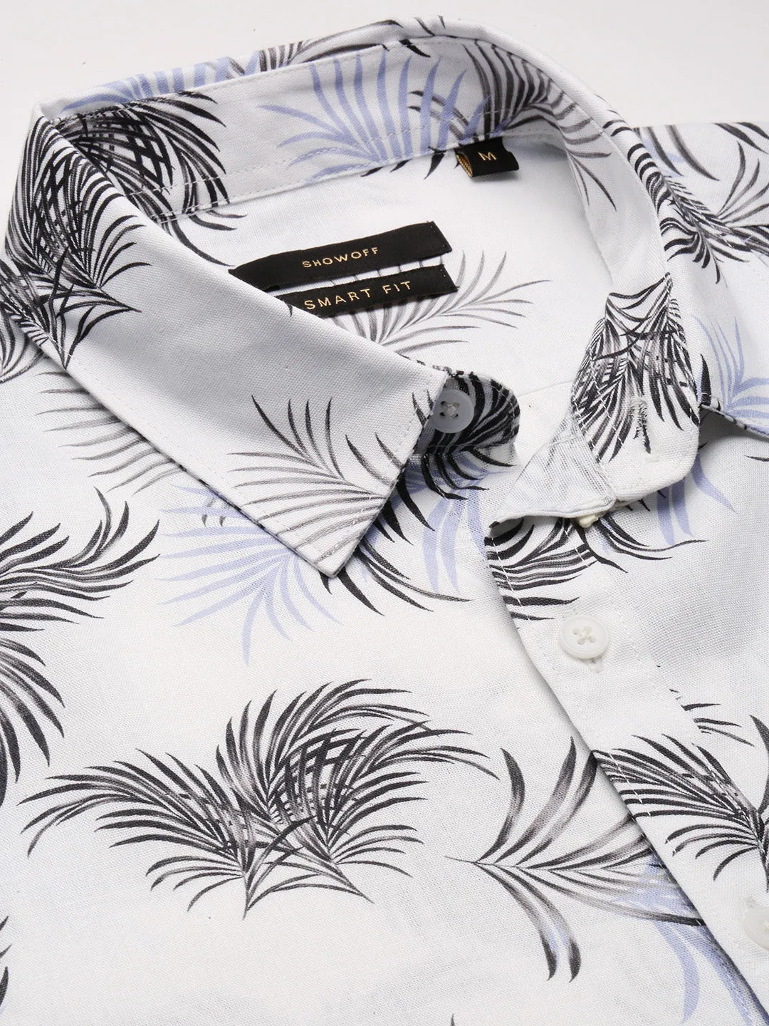 Men White Smart Slim Fit Floral Printed Oxford Cotton Casual Shirt