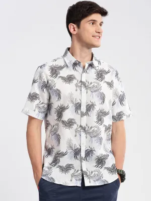 Men White Smart Slim Fit Floral Printed Oxford Cotton Casual Shirt