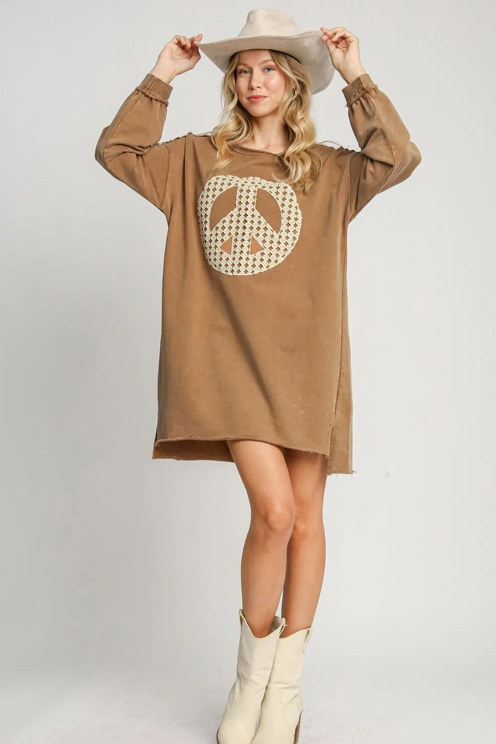 MQTIME  -  Umgee Peace Lace Applique Frayed Hem French Terry Mini Dress