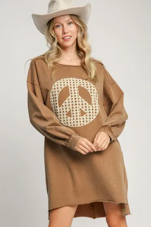 MQTIME  -  Umgee Peace Lace Applique Frayed Hem French Terry Mini Dress