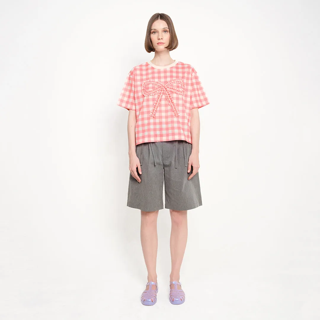 PATCH RIBBON GINGHAM TEE - CORAL