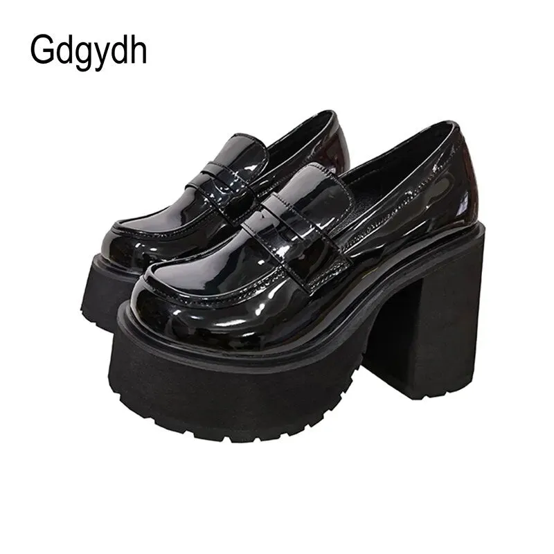 Women's Girls Chunky Platform Shoes High Heel PU Leather Slip On Casual Shoes School Office Loafers