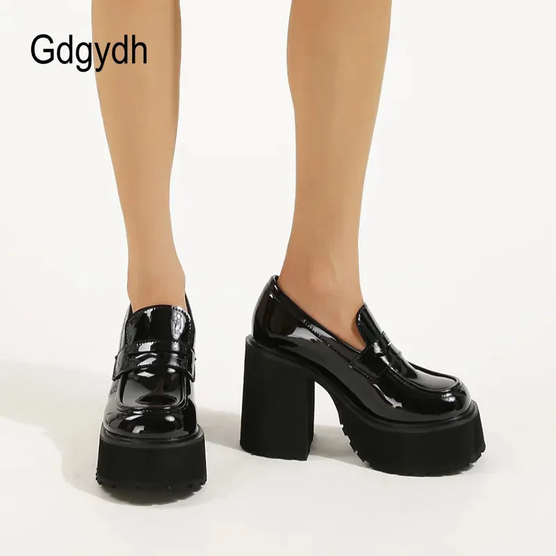 Women's Girls Chunky Platform Shoes High Heel PU Leather Slip On Casual Shoes School Office Loafers